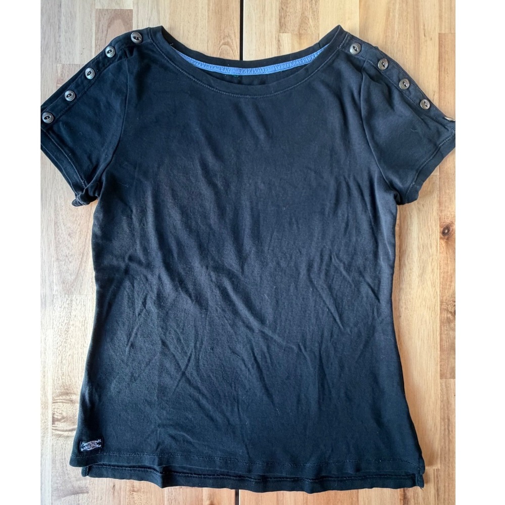 Lauren Ralph Lauren Womens Black Button Shoulder Short Sleeve Tee Cotton Top
